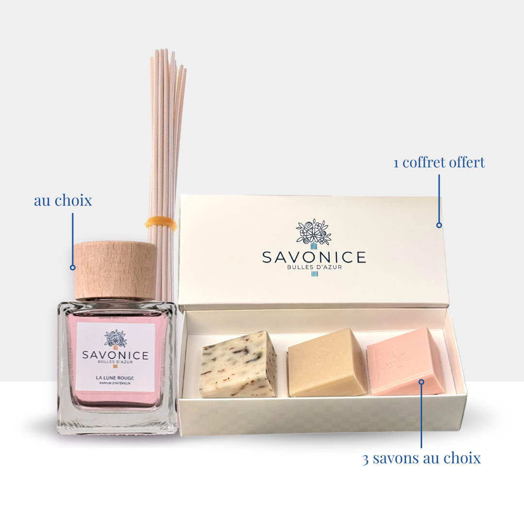 Lot 1 Coffret 3 savons + 1 Parfum d'ambiance 250ml au choix